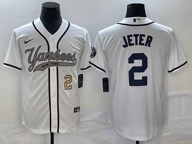 Mens New York Yankees #2 Derek Jeter Number White Cool Base Stitched Baseball Jersey